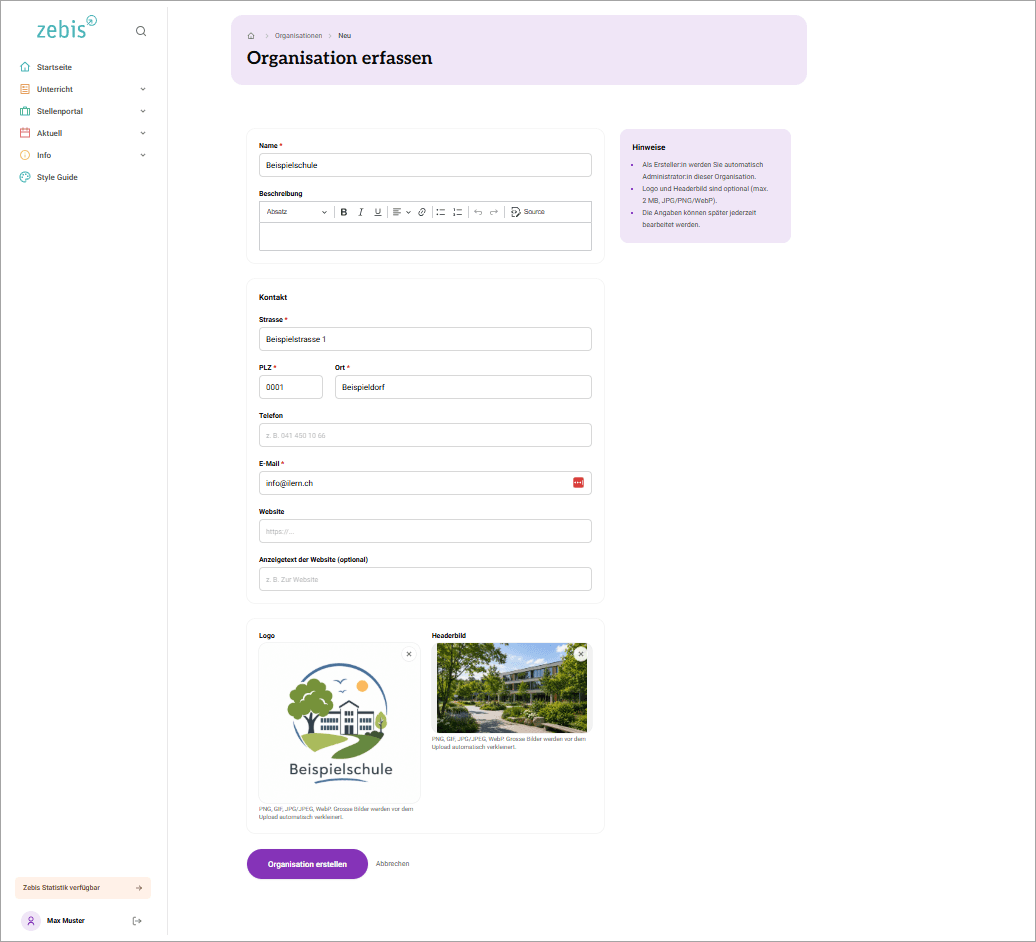 Organisation erfassen