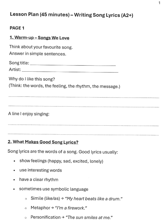 How to write song lyrics - lesson plan